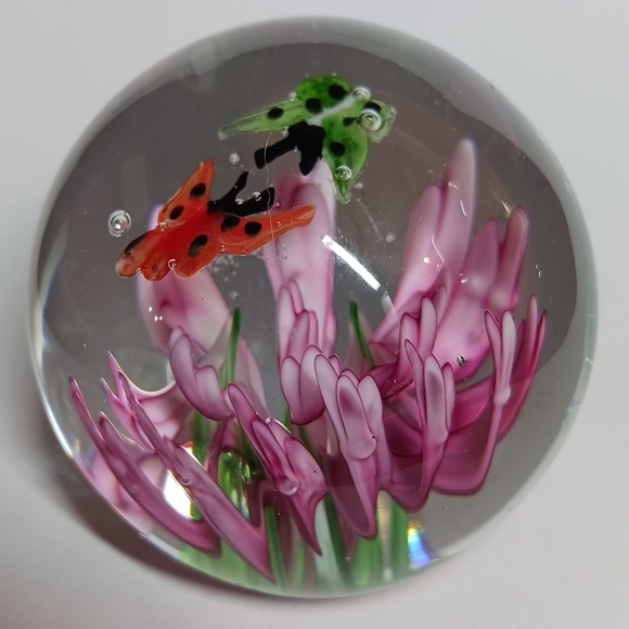 2" Art Glass Paperweight with Pink Flower And Butterflies - Picture 8 of 9